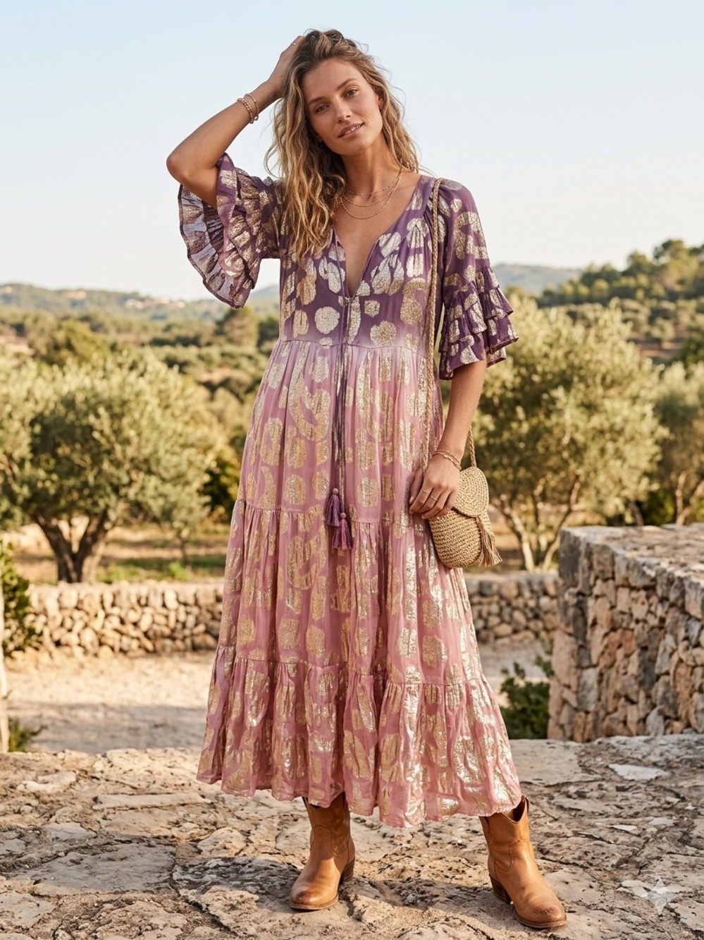 Debbie Katz Pink and Purple Metallic Tiered Maxi Dress with Tassels